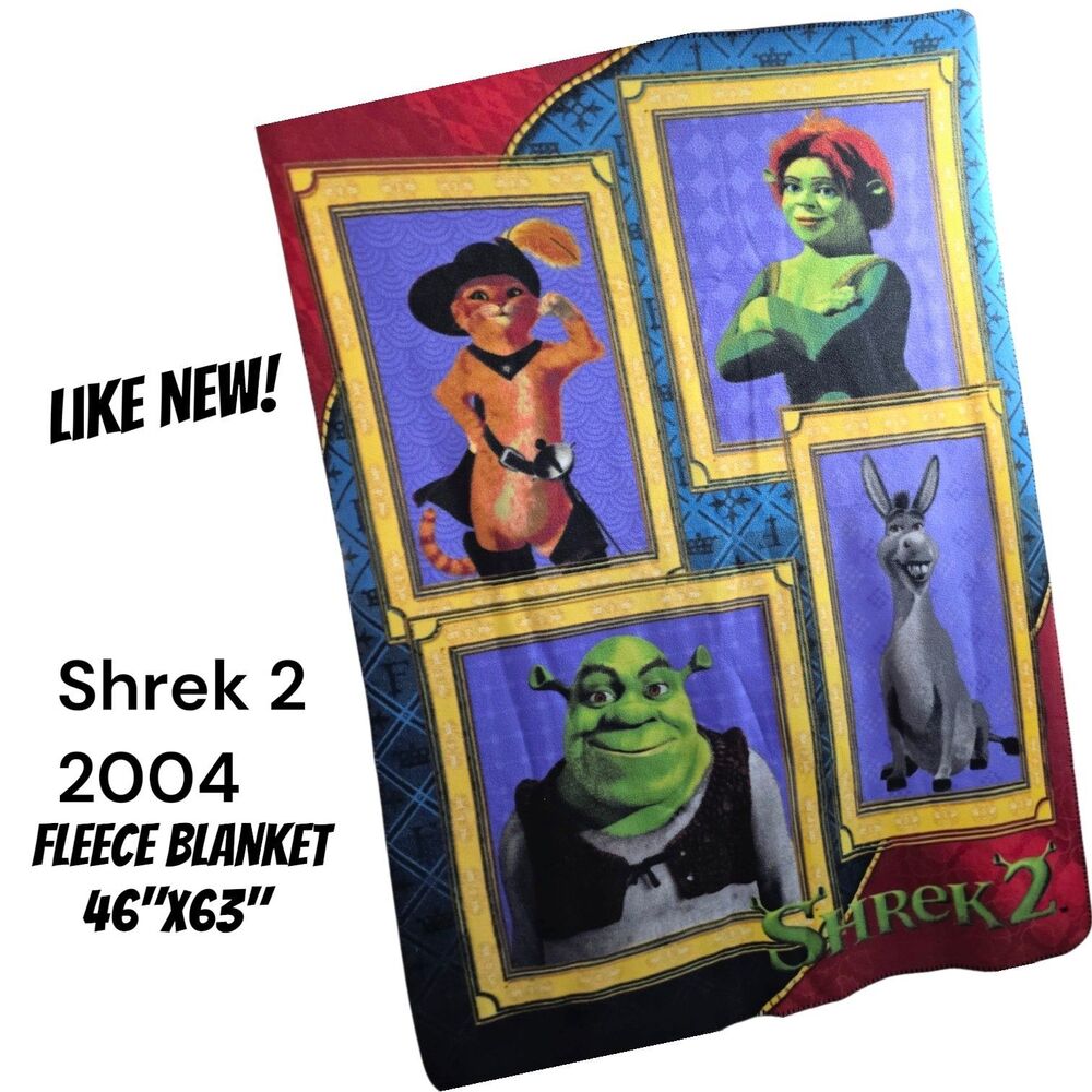 SHREK 2 RARE 2004 Vtg Dreamworks Mohawk Home Donkey Fiona Fleece Blanket 46x63